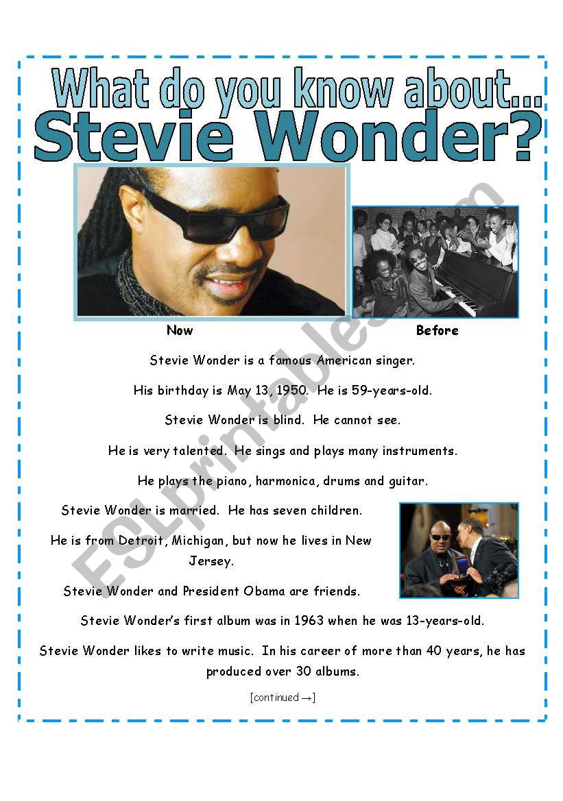 READING + SIMPLE EXERCISES : What do you know about Stevie Wonder? [3 pages with key]